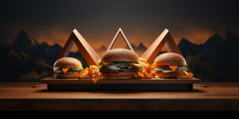 Burger presentation concept. Burgers on wooden stage with a backdrop of high mountain views in the morning. - obrazy, fototapety, plakaty