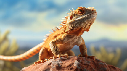 Fototapeta premium Image Of A Bearded Dragon Standing Tall Sunning, Background For Banner, HD