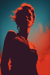 A closeup shot of a beautiful seductive model with red and blue tones showcasing her silhouette.
