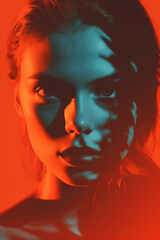A closeup shot of a beautiful seductive model with red and blue tones showcasing her silhouette.