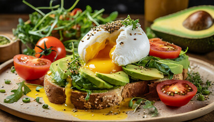 A brunch tableau features a perfectly poached egg atop avocado toast, surrounded by a colorful assortment of sliced tomatoes, arugula, and a sprinkle of sesame seeds.