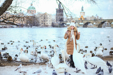 girl feeding swans near the Charles Bridge in winter