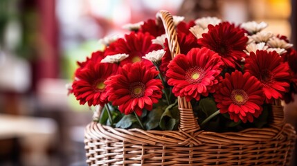 Fototapeta na wymiar Bouquet of red gerbera flowers in a basket. Springtime Concept. Valentine's Day Concept with a Copy Space. Mother's Day