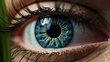 Close up of a woman eye, looking at camera, reflecting beauty generated by AI