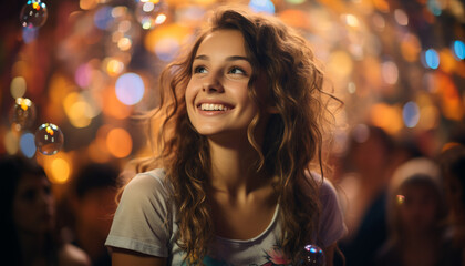 Obraz na płótnie Canvas Smiling young woman enjoying the night outdoors generated by AI