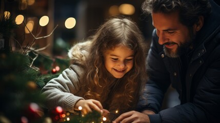 Obraz na płótnie Canvas Joyful Family Moments. Parents and Daughter Decorating the Christmas Tree