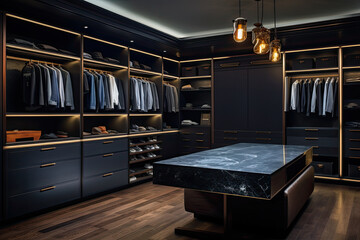 A closet space with charcoal grey walls and sleek black shelving, clothes inside. A big drawer for ties and watches in the middle. - obrazy, fototapety, plakaty