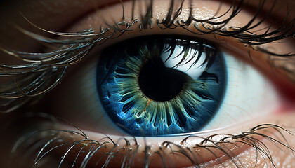 Close up of a blue eye, looking at camera with beauty generated by AI