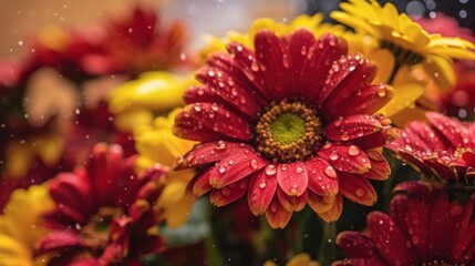Beautiful red and yellow chrysanthemums with raindrops. Springtime Concept. Valentine's Day Concept with a Copy Space. Mother's Day