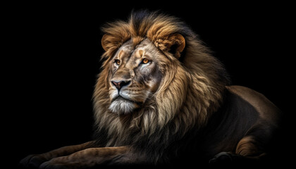 Fototapeta premium Majestic male lion staring with aggression, strength in his eyes generated by AI