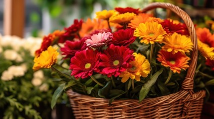 Fototapeta na wymiar Colorful flowers in a wicker basket on a blurred background. Springtime Concept. Valentine's Day Concept with a Copy Space. Mother's Day