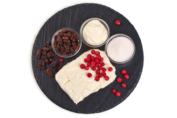 Cottage cheese in a bowl, isolated on white background.