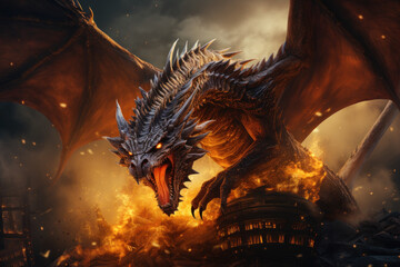 A book cover featuring a dragon in flight against a backdrop of flames. Concept of literature and...