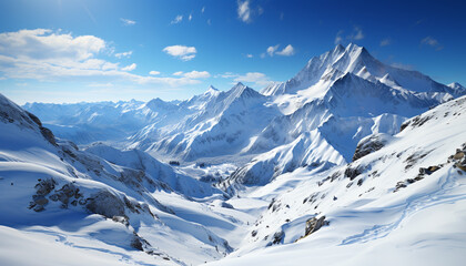 Obraz premium Snow covered mountain peak in tranquil winter landscape generated by AI