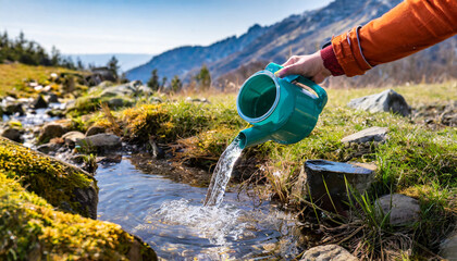 pouring water from a spring source at camping or hiking clean looking water can be contaminated and dangerous to health