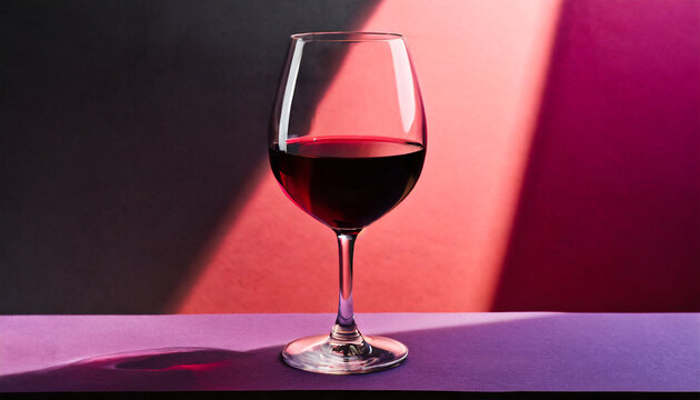 red wine in a glass on dark pink and black neon background wineglasses romantic drink for party wine shop or wine tasting concept hard light copy space