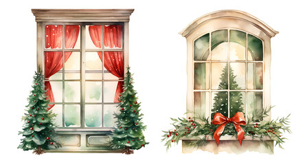 Christmas window watercolor clipart illustration with isolated background. - obrazy, fototapety, plakaty