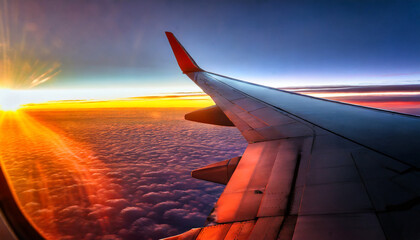view from the window of the aircraft on the wing over the colorful sunset and illuminated vivid...