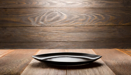perspective view of empty black plate on wooden background empty space for your design