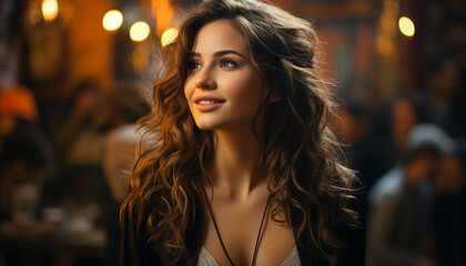 Fototapeta premium Young woman with long brown hair smiling outdoors generated by AI