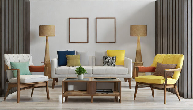 front view modern interior furniture set in 3d rendering