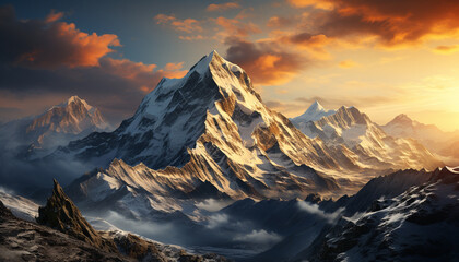Majestic mountain peak, snow covered, tranquil landscape generated by AI