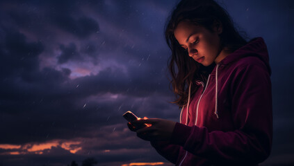 Young girl outdoors on a stormy night on her smartphone