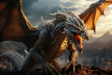 A dragon-themed video game with epic battles and quests. Concept of gaming and digital adventures. Generative Ai.