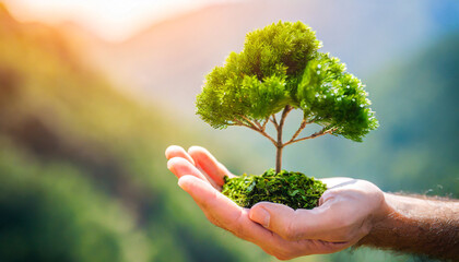 hand of human holding growing tree reduce co2 emission concept clean and environmentally friendly environment without carbon dioxide emissions net zero emissions