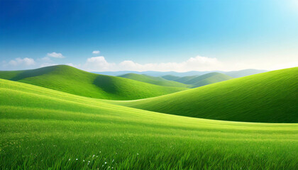 Obraz premium green field with blue sky green grass fields on small hills and blue sky suitable for wallpaper and background illustration ai generative