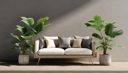 front view of sofa and plant in 3d rendering