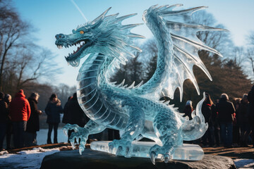 A dragon-shaped ice sculpture gleaming at a winter festival. Concept of ice carving and seasonal celebrations. Generative Ai. - obrazy, fototapety, plakaty