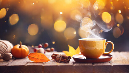 cozy autumn winter banner template steaming coffee tea cup blurred background