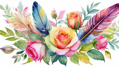 watercolor painting of feathers and roses or flowers isolated on a white background suitable for greeting cards designs wallpaper backgrounds textiles or flyers illustration ai generative