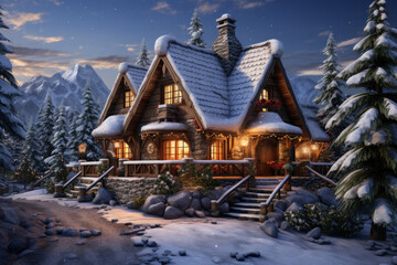 A cozy winter cabin covered in snow, ready for Old New Year's festivities. Concept of winter getaways and relaxation. Generative Ai.