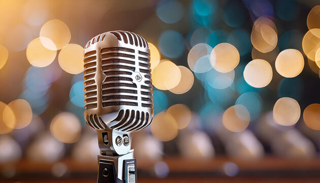 closeup of retro microphone on stage with a bokeh light backdrop karaoke or concert concept generative ai