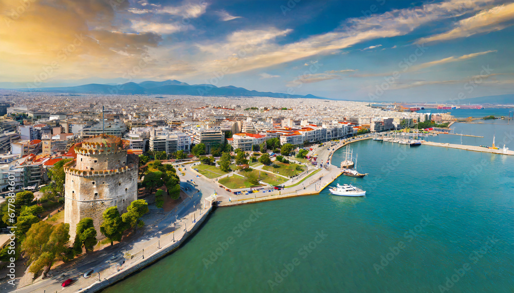 Wall mural aerial panoramic view of the main symbol of thessaloniki city and the whole of macedonia region the 