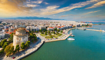 Fototapeta premium aerial panoramic view of the main symbol of thessaloniki city and the whole of macedonia region the white tower concept of travel and sightseeing attractions in greece