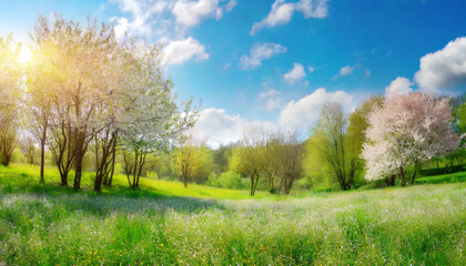 Obraz na płótnie Canvas beautiful blurred spring background nature with blooming glade trees and blue sky on a sunny day