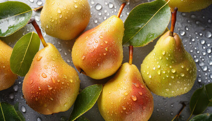 fresh ripe pears with water drops background fruits backdrop generative ai