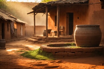 Serene photo of a clay pot and a rural village.