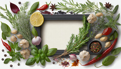 culinary frame border png food design element spices and herbs with real transparent shadow on transparent background variety of spices and mediterranean herbs - obrazy, fototapety, plakaty