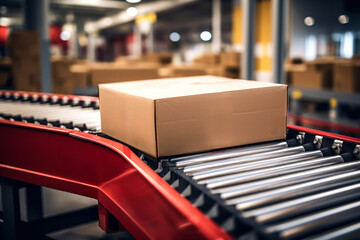 Cardboard Boxes On Conveyor Belt In The Warehouse Modern Warehousing and Logistics Facility with Conveyor and Machinery
