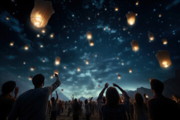 Fototapeta na wymiar A group of people releasing paper lanterns into the night sky as a symbol of hope and good fortune for the Old New Year. Concept of symbolism and traditions. Generative Ai.