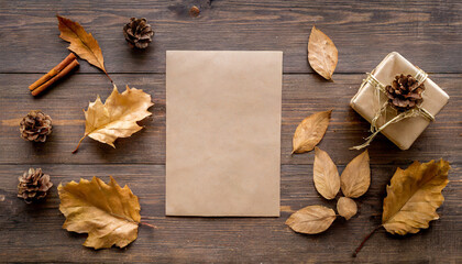 autumn composition with paper blank and dried leaves on table flat lay top view copy space