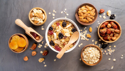 cooking a wholesome breakfast granola with various dried fruits and nuts in a bowl the concept of a healthy dessert flat lay top view with copy space