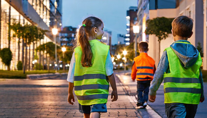 safety first children dressed in reflective clothes uphold safety rules while walking the street at twilight minimizing the dangers associated with the evening risk