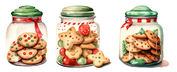 Christmas cookie jar watercolor clipart illustration with isolated background. - obrazy, fototapety, plakaty