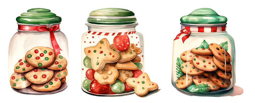 Christmas cookie jar watercolor clipart illustration with isolated background.