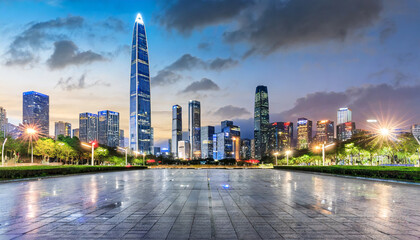 city square and skyline with modern buildings in shenzhen at night guangdong province china